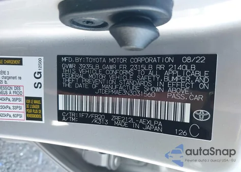 2022 Toyota Corolla Le from USA, damaged, VIN JTDEPMAE3N3031560